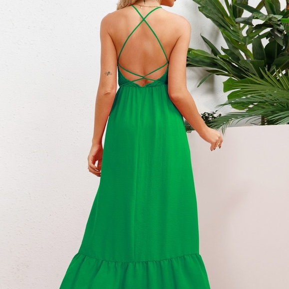 (Out Of Stock) Green Smocked Crisscross Spaghetti Strap Dress - Picture 4 of 10